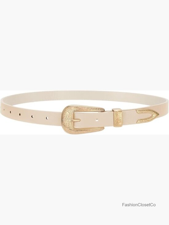 Western Skinny Leather Belt with Gold Carved Buckle, 0.8\